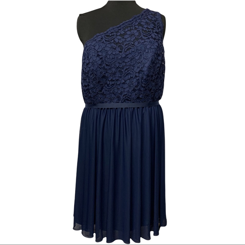 David’s Bridal | cold shoulder navy lace and chiffon mid length flowy dress 24